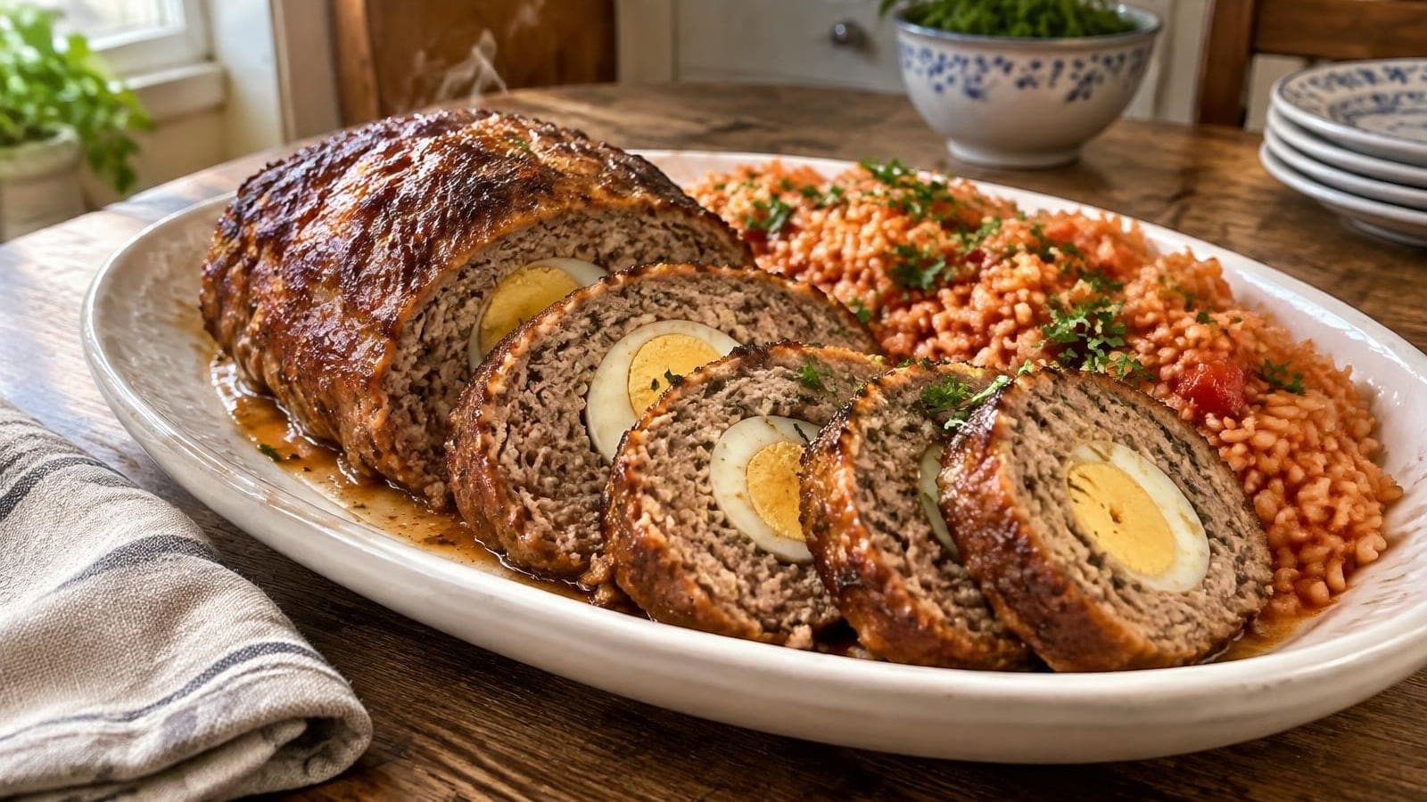 Rolo de Carne Recheado com Ovo e Arroz de Tomate