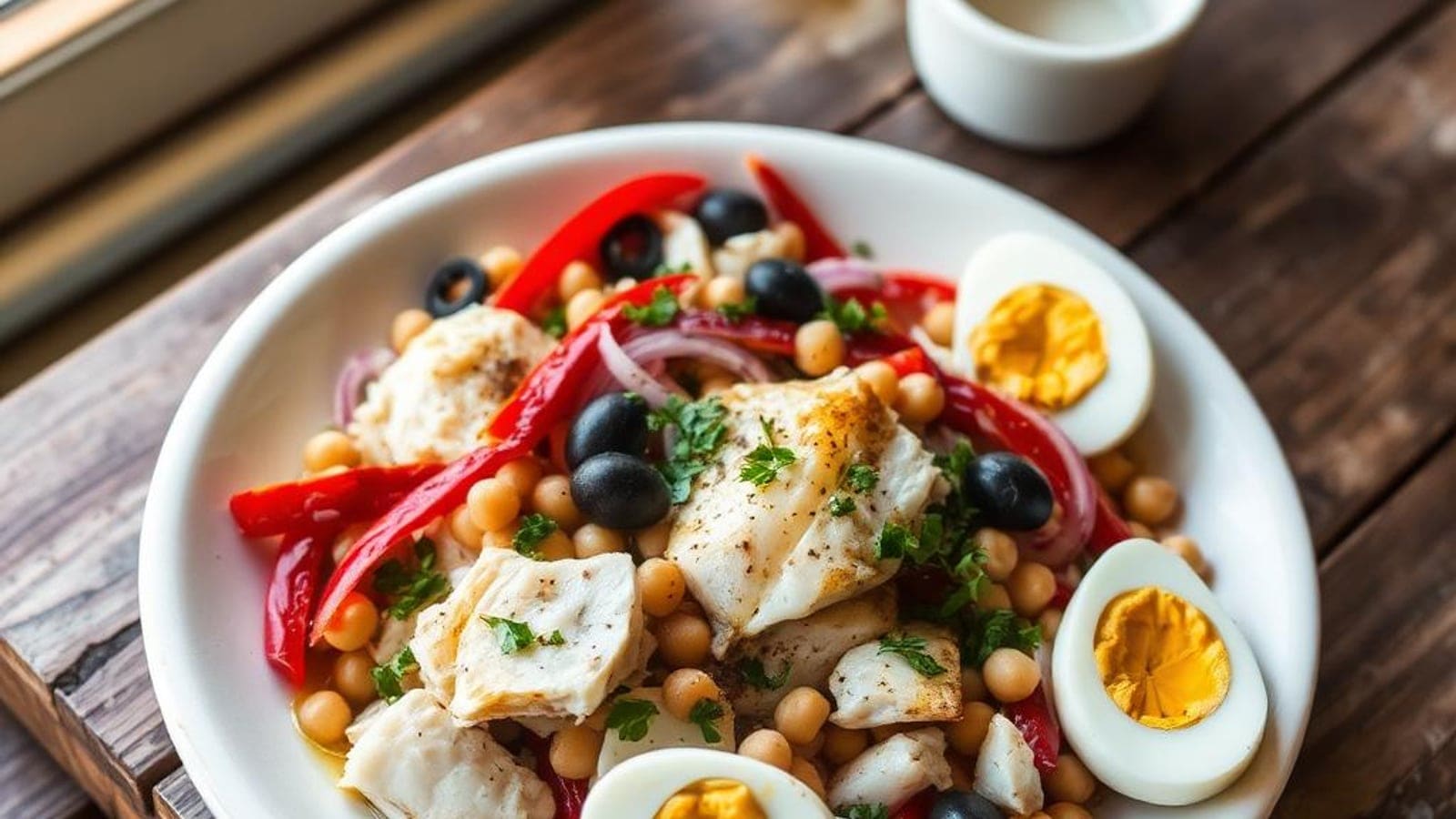 Salada de Bacalhau com Grão-de-Bico, Pimentos Assados, Ovo e Azeitonas