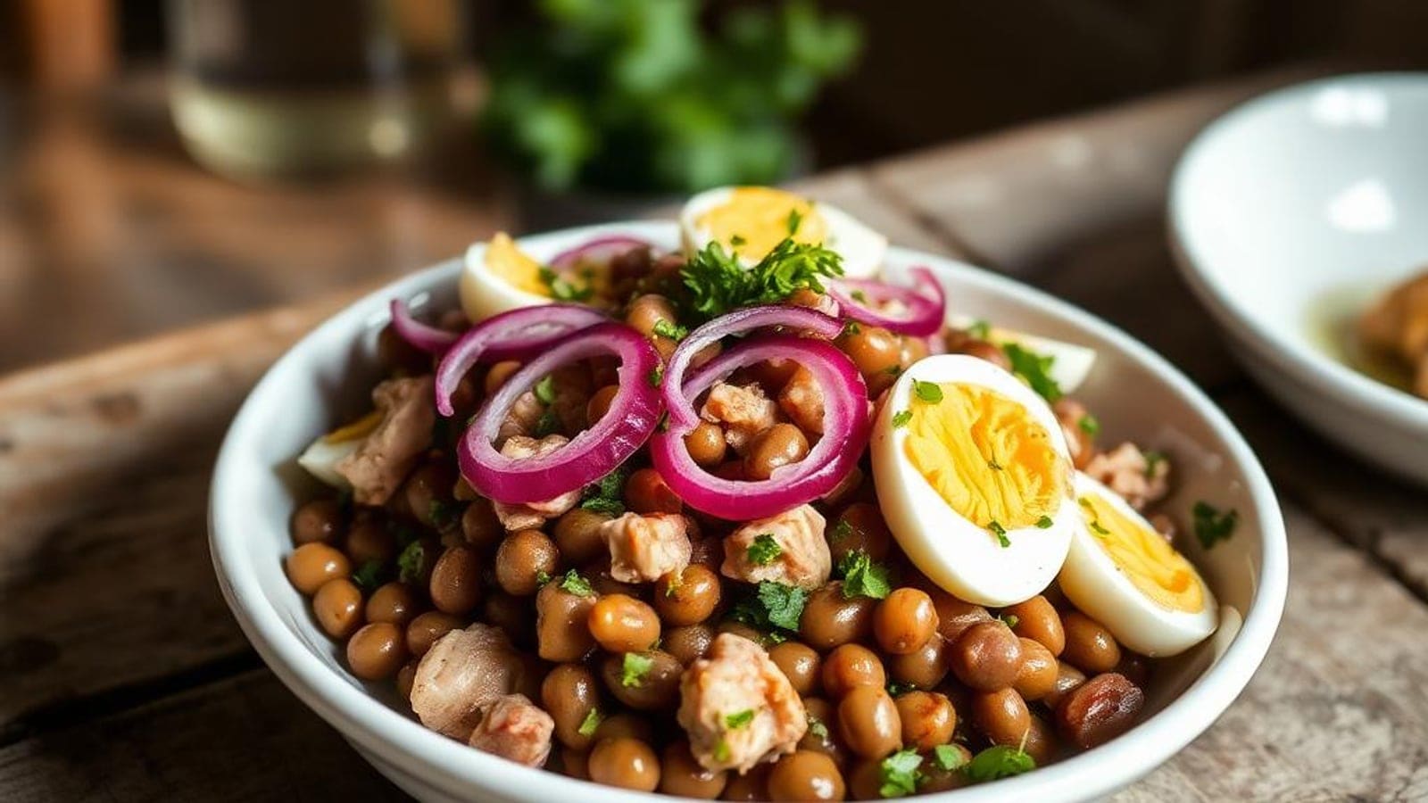 Salada de Feijão-Frade com Atum, Ovo Cozido, Cebola Roxa e Coentros