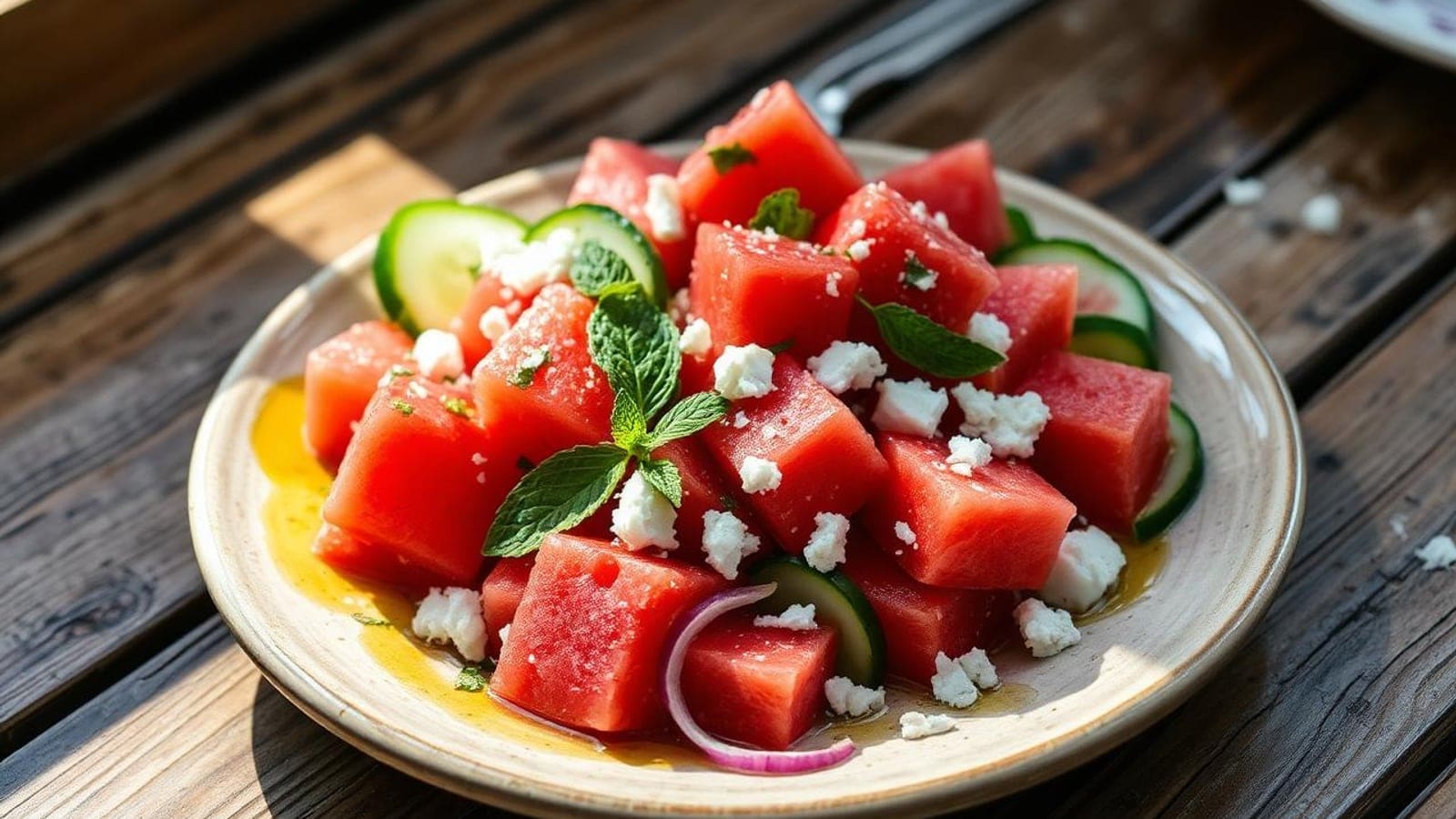 Salada de Melancia, Feta e Hortelã com Pepino