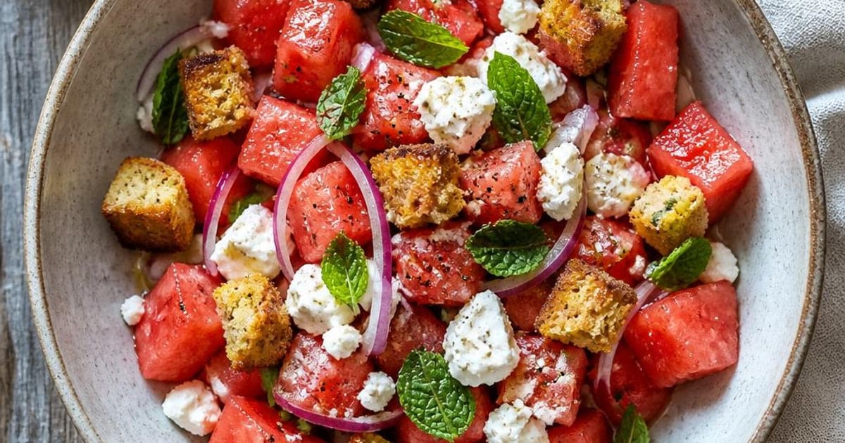 Salada de Melancia com Queijo Fresco, Hortelã e Broa Torrada — a Salada Portuguesa mais Refrescante e Barata do Verão (3,74€/4 Pessoas)