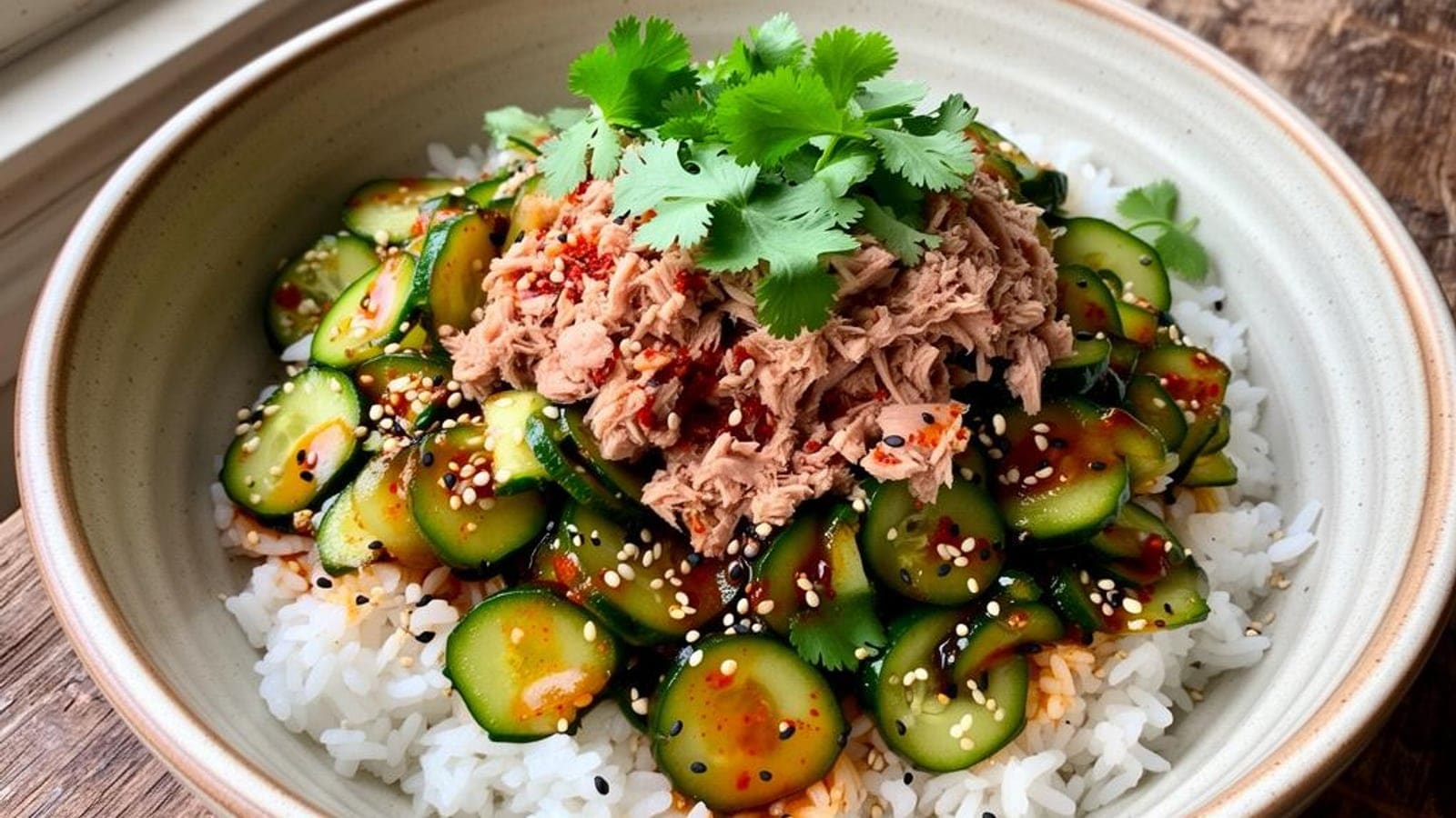 Salada Coreana de Pepino Smashed à Portuguesa com Atum e Arroz