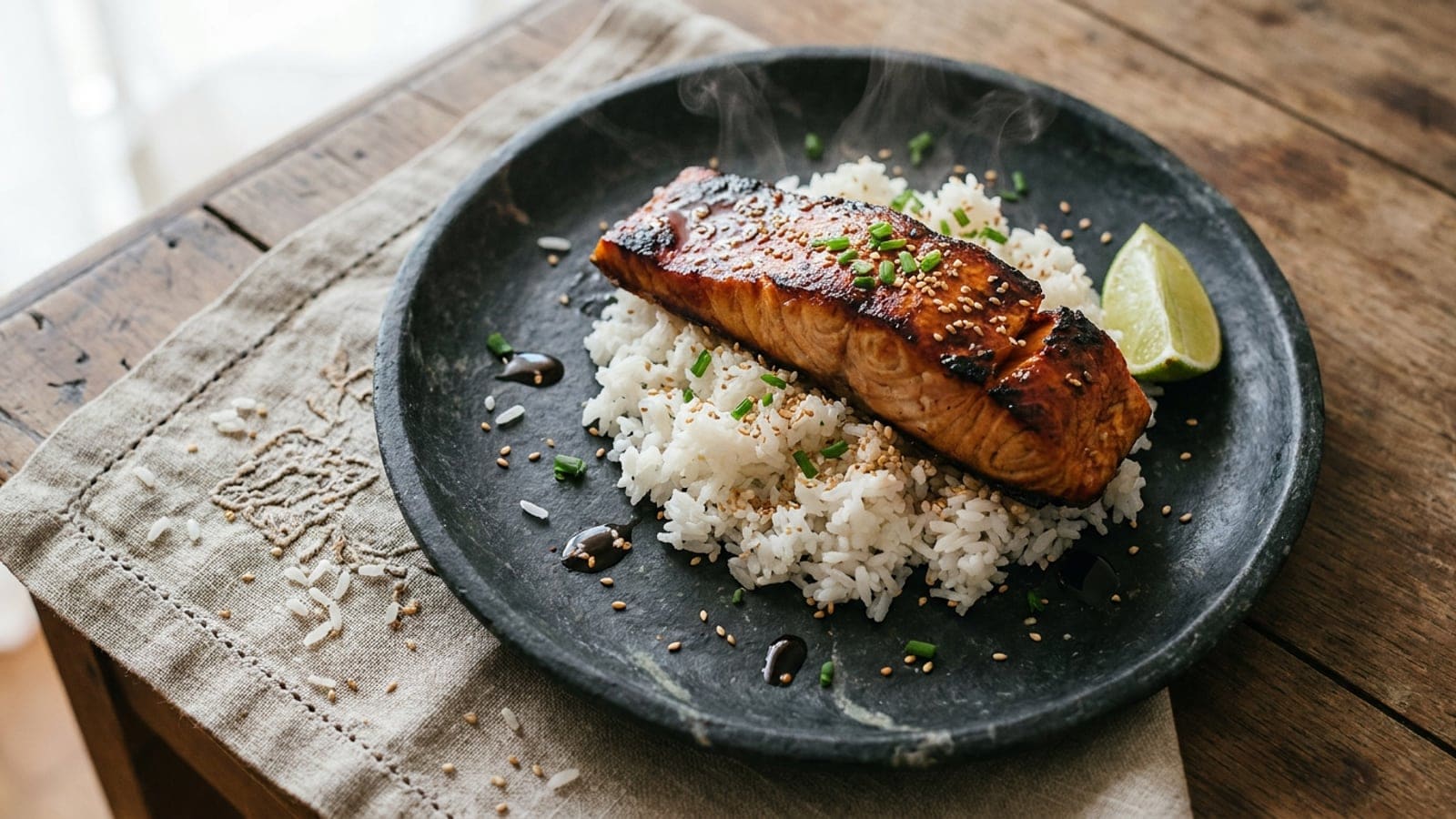 Salmão Teriyaki na Airfryer com Arroz de Sésamo: Receita Fácil em 20 Minutos