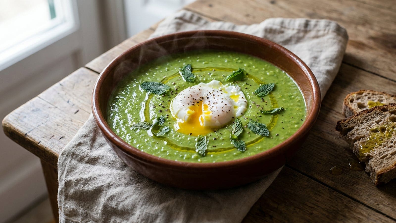 Sopa de Ervilhas com Ovo Escalfado