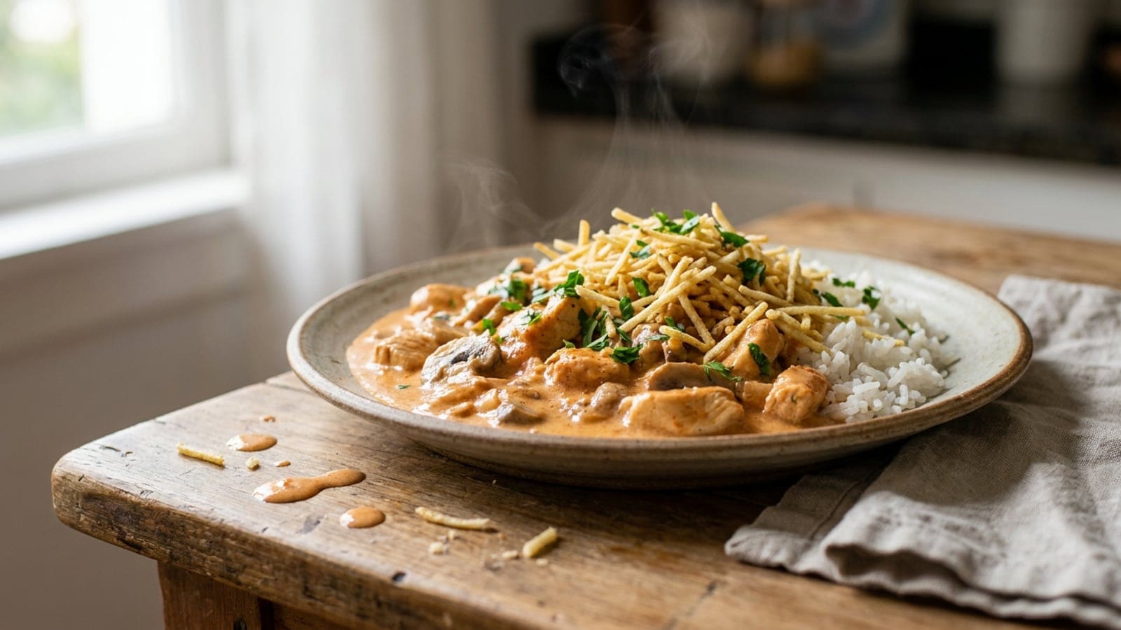 Strogonoff de Frango Cremoso à Portuguesa com Cogumelos e Batata Palha