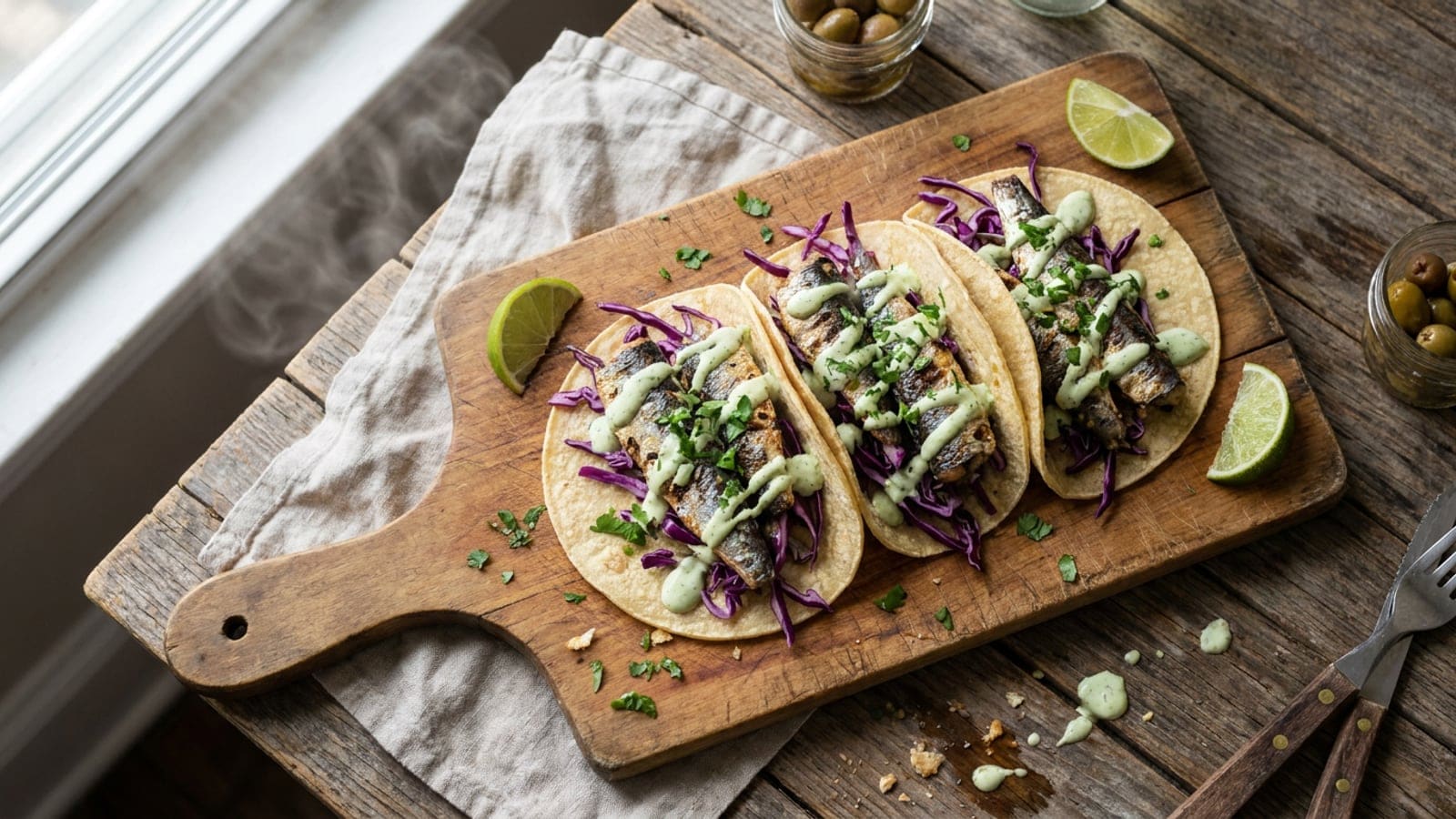 Tacos Portugueses de Sardinha Assada com Maionese de Coentros e Lima